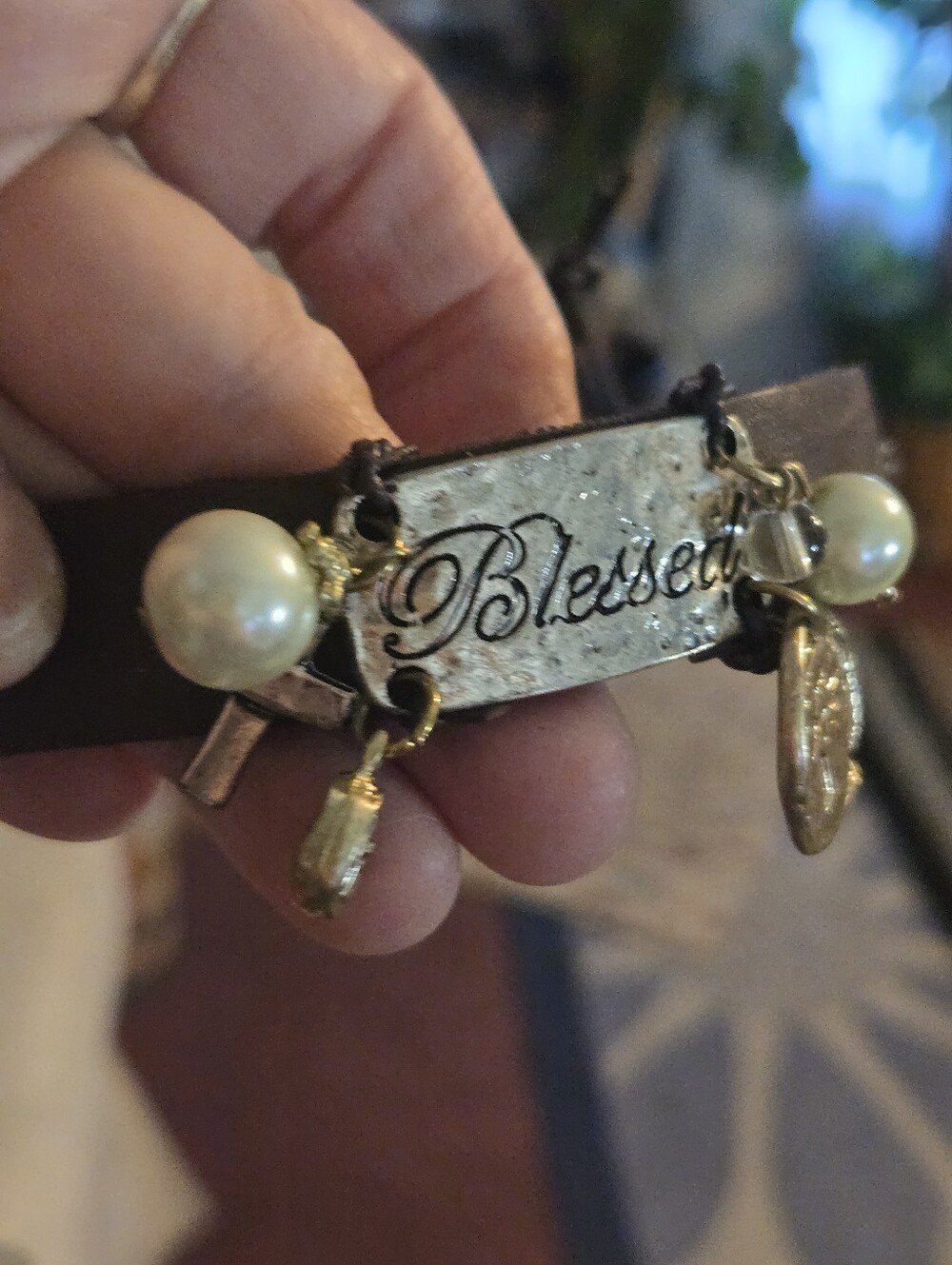 Blessed Brown Leather Charm Bracelet with Pearls